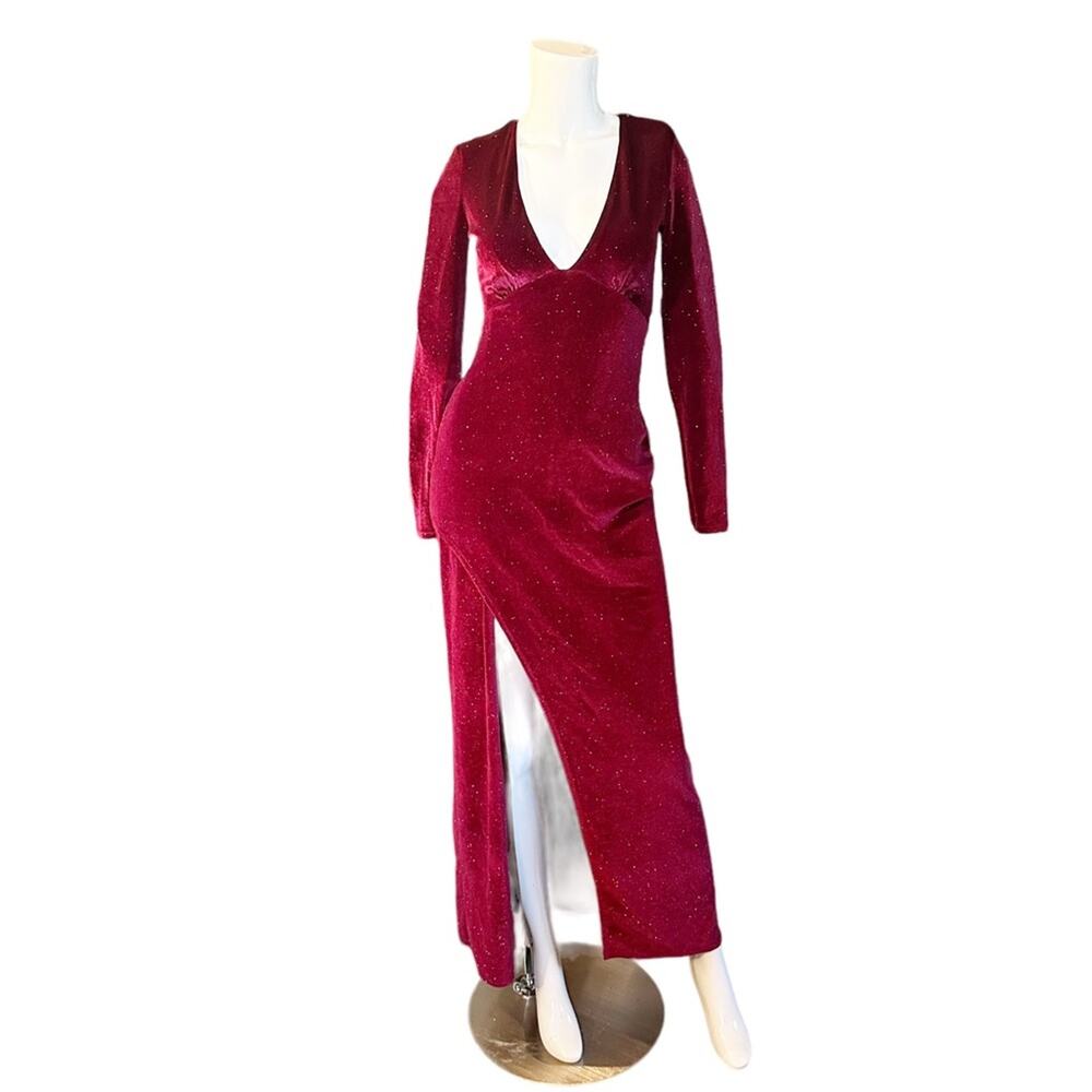 BERSHKA Velvet Dress Deep Red Gold Holiday Party Small Shimmer S - Picture 9 of 10